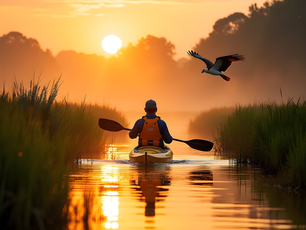 Solo kayaking through Hampton's tidal marshes at sunrise