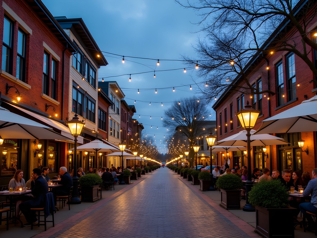 Downtown Hillsboro's historic main street with string lights and outdoor dining in evening