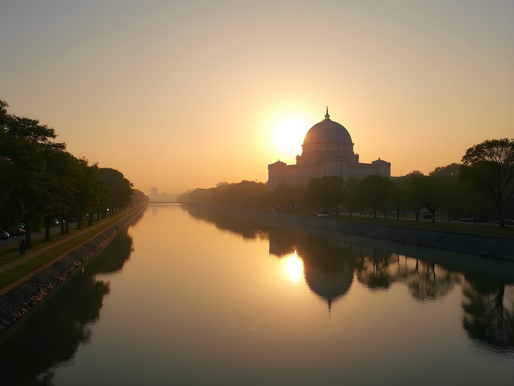 Atomic Bomb Dome at sunrise with reflections in the Motoyasu River