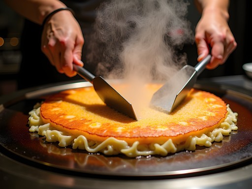 Chef preparing Hiroshima-style okonomiyaki on a hot griddle at a counter restaurant