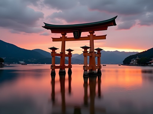 The famous floating torii gate of Itsukushima Shrine at sunset with calm waters