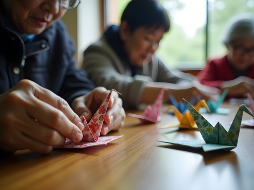 Hands folding colorful origami paper cranes in a community workshop in Hiroshima
