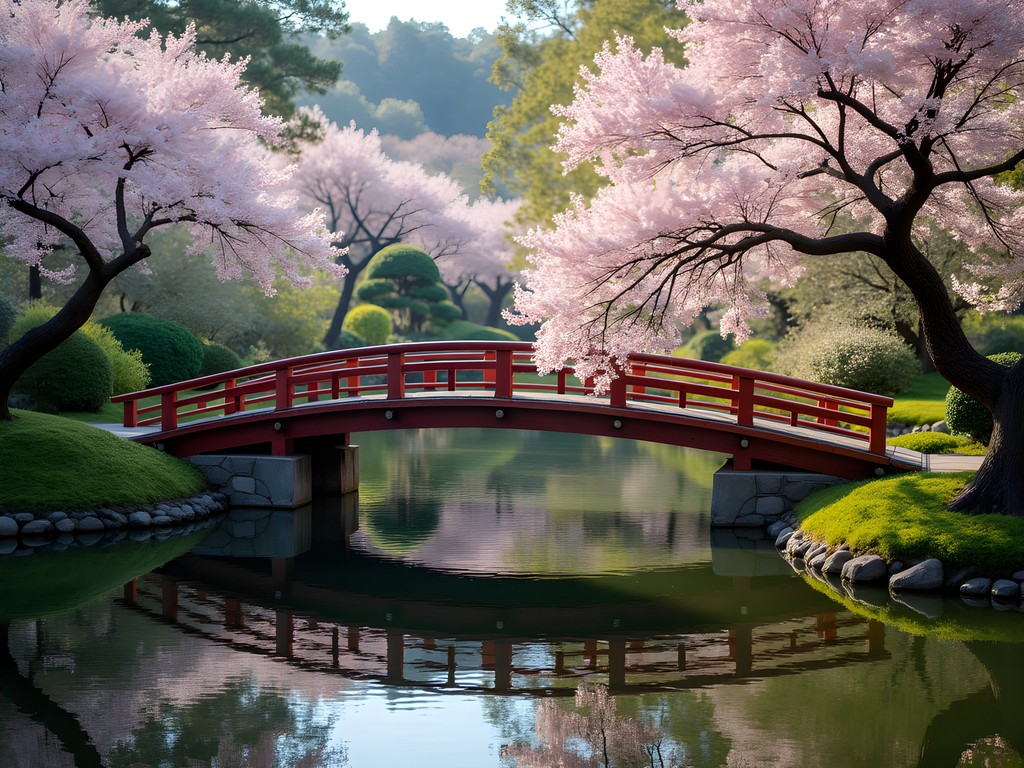 Traditional wooden bridge over koi pond in Shukkei-en Garden with spring blossoms