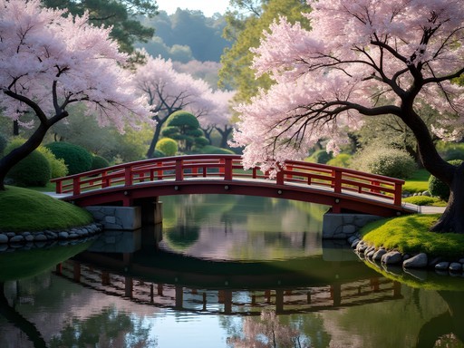 Traditional wooden bridge over koi pond in Shukkei-en Garden with spring blossoms