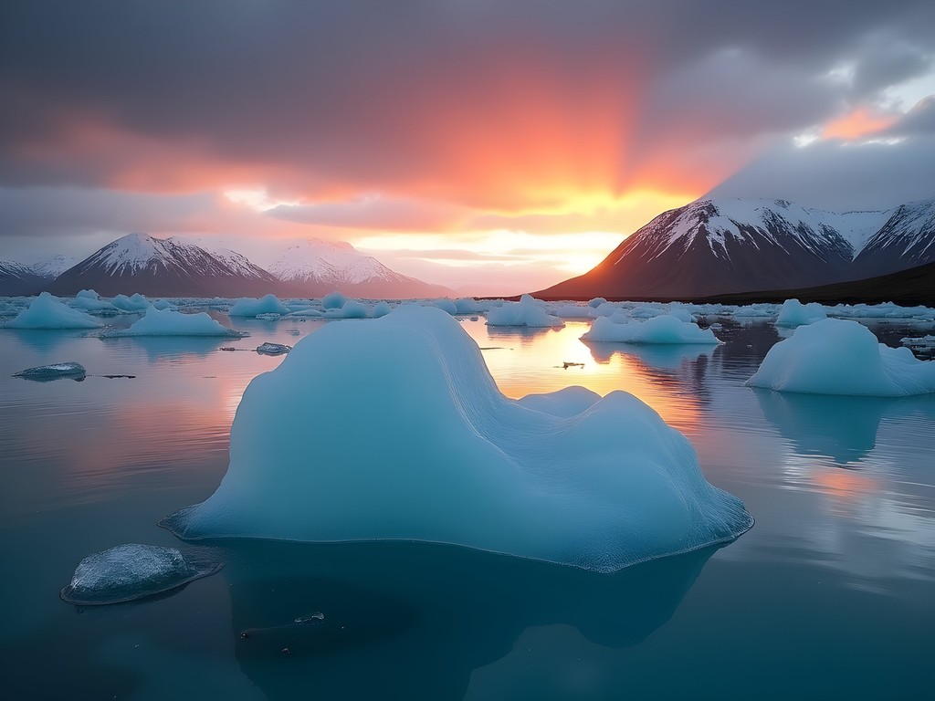 Sunrise over Jökulsárlón Glacier Lagoon near Höfn, Iceland