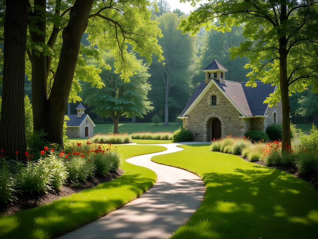 Historic stone structures and walking paths at Benson Park in Hudson, NH
