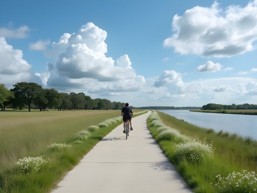 Paved bike path along Mississippi River levee in Kenner Louisiana with cyclist