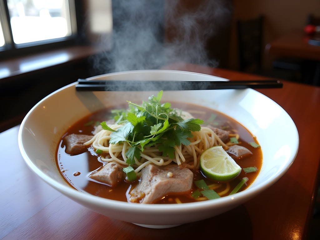 Bowl of Vietnamese pho at local Kenner restaurant with fresh herbs and lime
