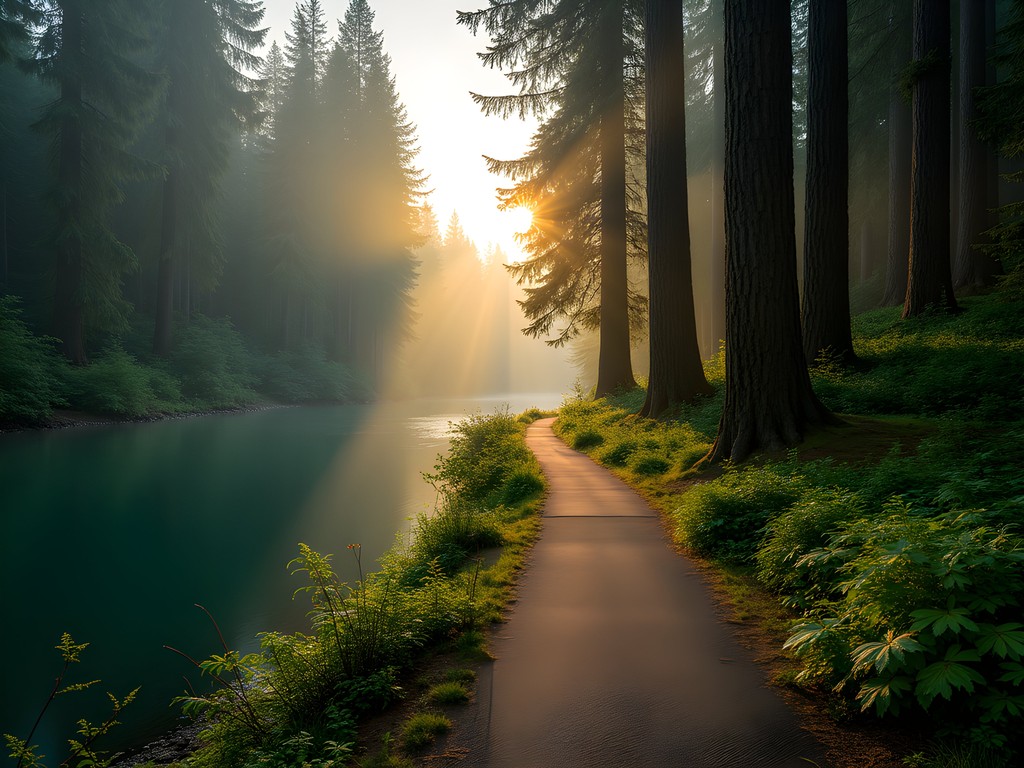 Morning sunlight filtering through forest canopy along Green River Trail in Kent Washington