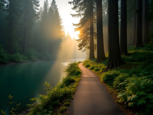 Morning sunlight filtering through forest canopy along Green River Trail in Kent Washington