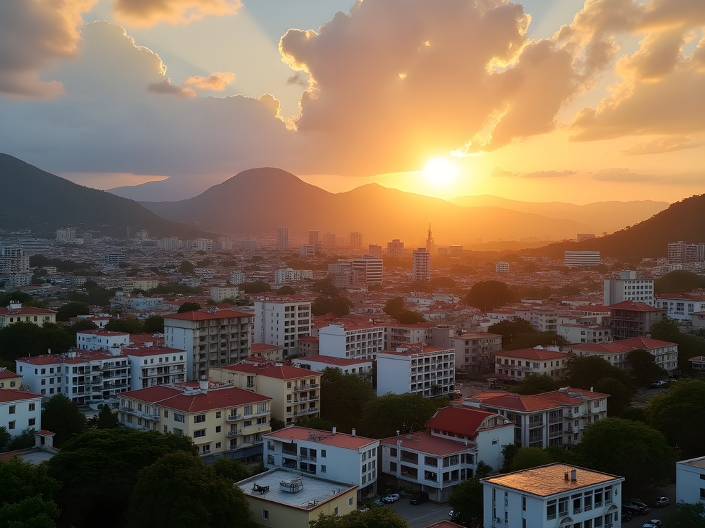 Golden morning light over Kingston with Blue Mountains in background