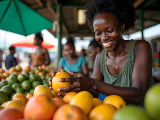 Female vendor with colorful produce at Coronation Market in Kingston