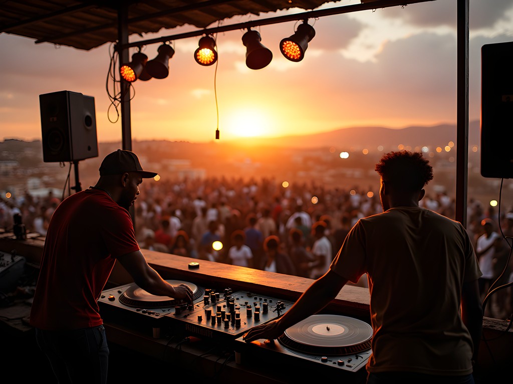 Sunset view from Kingston Dub Club with sound system and dancing crowd