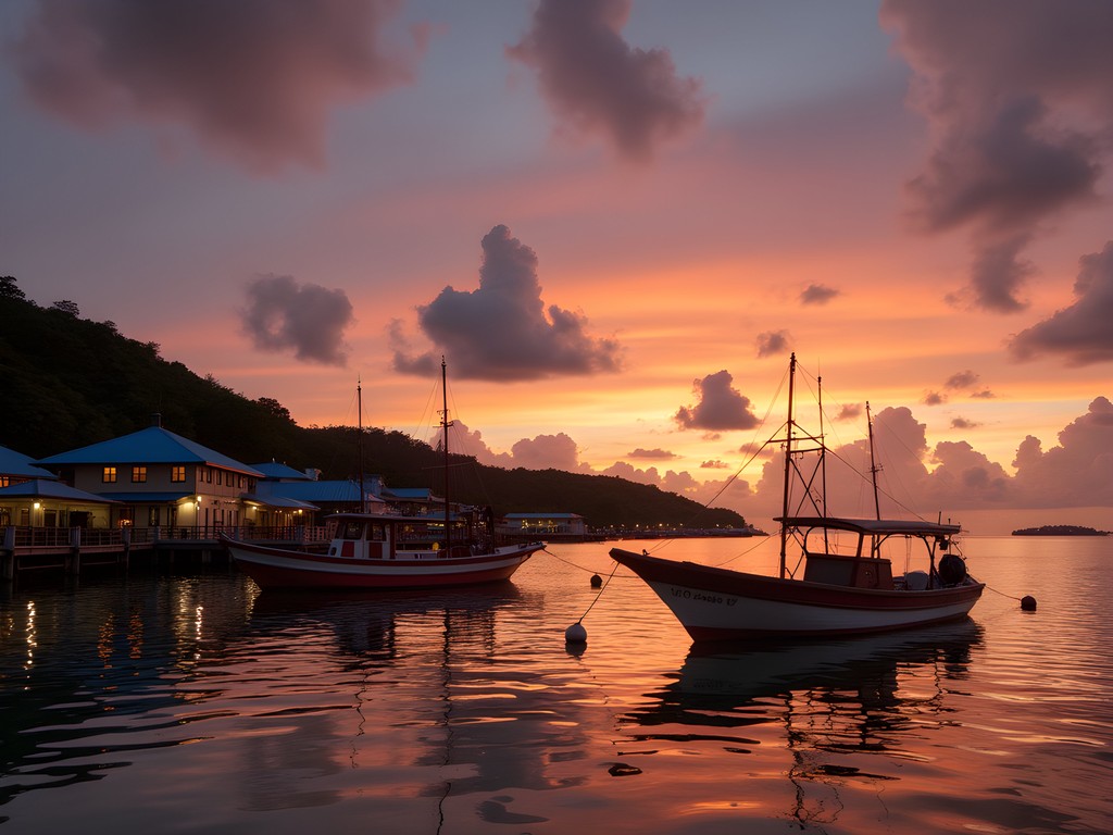 Sunset view of Koror harbor with traditional boats and modern buildings