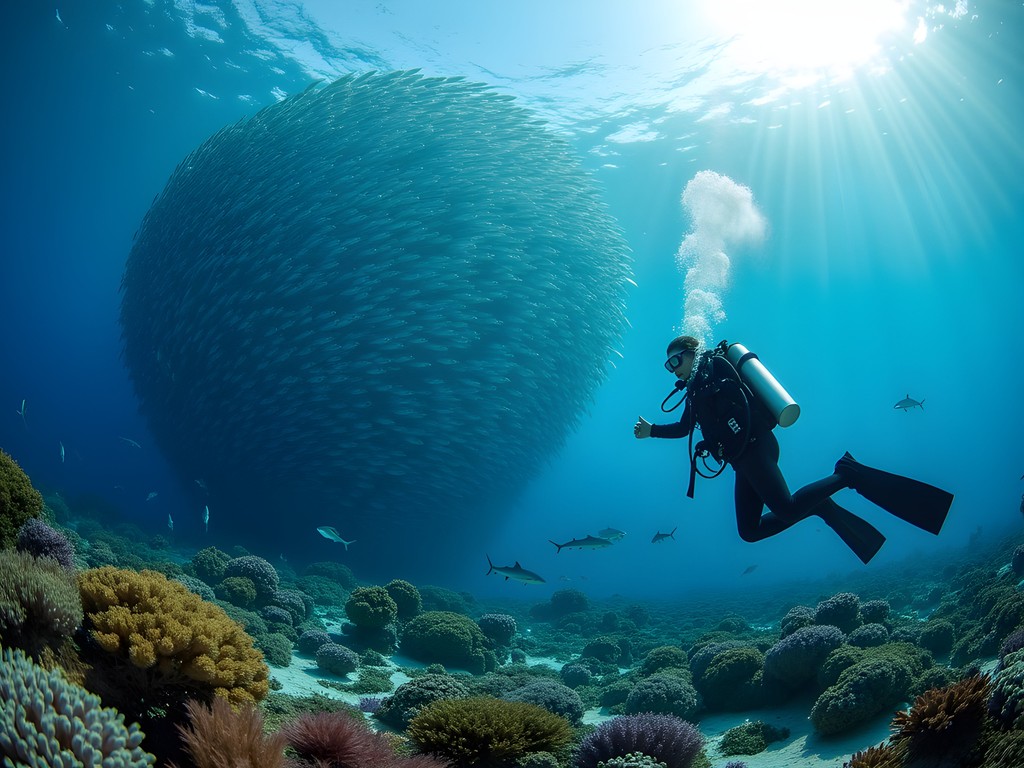 Diver at Palau's Blue Corner surrounded by reef sharks and tropical fish