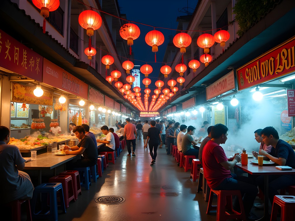 Vibrant night scene at Jalan Alor Food Street in Kuala Lumpur with red lanterns and busy food stalls