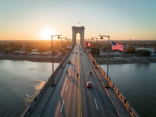 View of the International Bridge connecting Laredo, Texas to Nuevo Laredo, Mexico across the Rio Grande