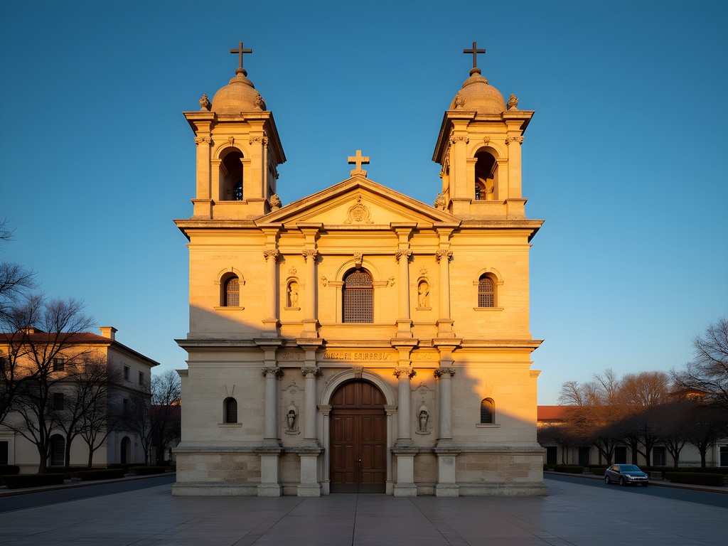 Historic San Agustín Cathedral in Laredo with morning light illuminating its stone façade