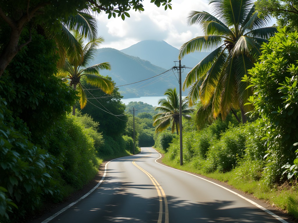 Scenic view of Fig Tree Drive winding through the lush hills of Liberta, Antigua