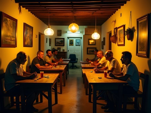 Evening gathering at a local Liberta home-based speakeasy with residents playing dominoes