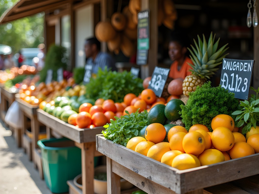 Colorful display of tropical fruits and vegetables at Liberta's local market