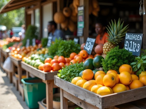 Colorful display of tropical fruits and vegetables at Liberta's local market