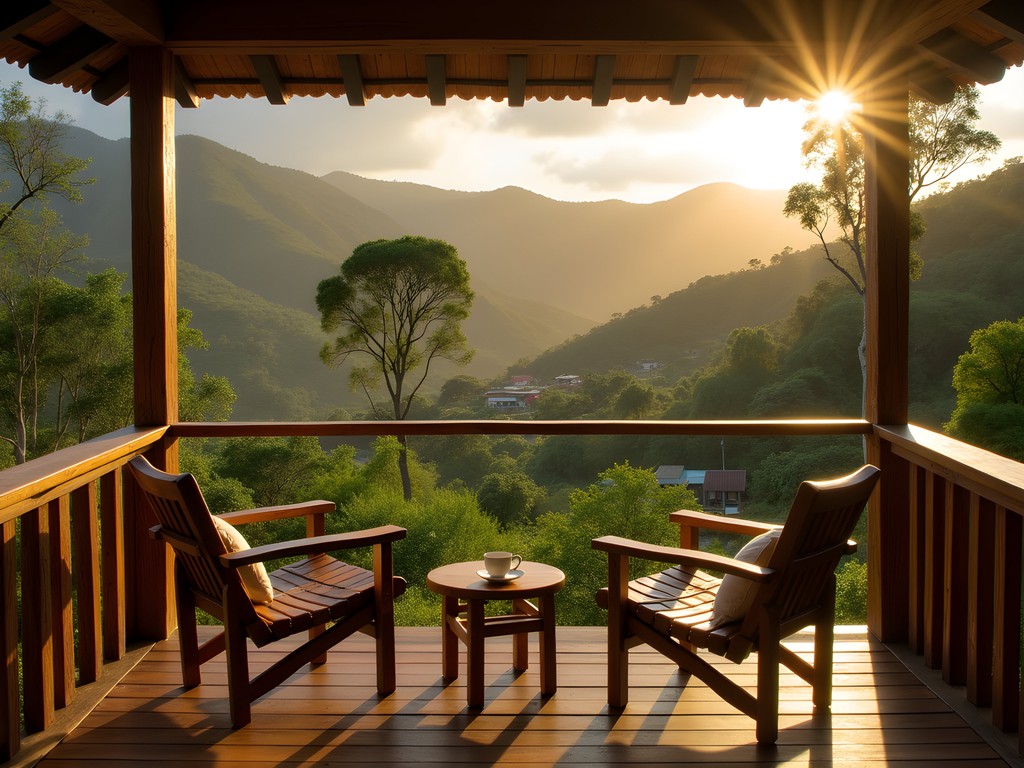 Sunrise view over Liberta's rolling hills from a local guesthouse veranda