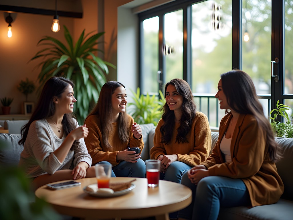 Female travelers connecting in the community space of a Lima boutique hostel