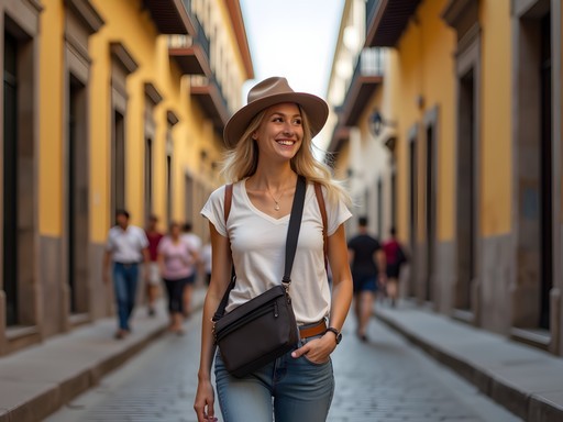 Solo female traveler confidently navigating Lima's historic district