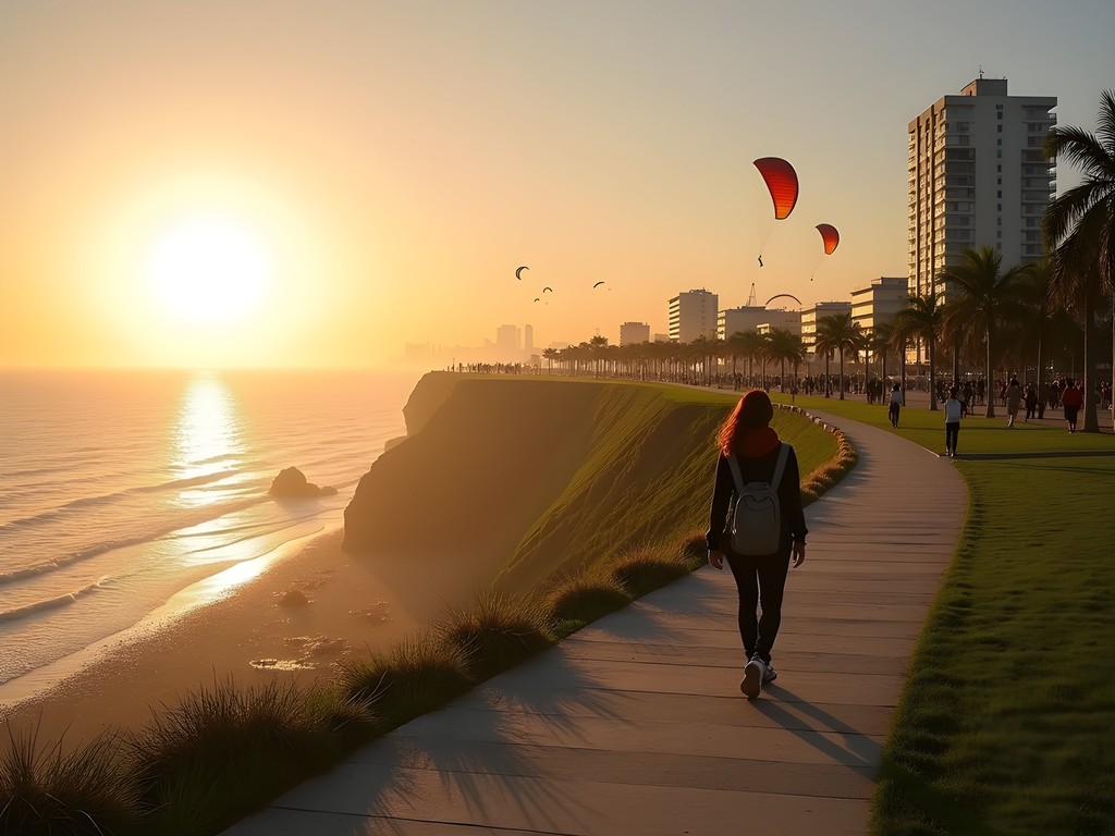 Solo female traveler enjoying El Malecón coastal path in Miraflores, Lima