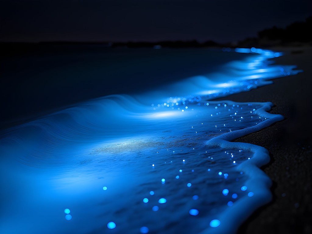 Bioluminescent marine organisms glowing blue along Martha's Vineyard shoreline at night