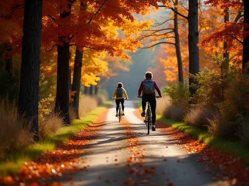 Solo traveler cycling on Martha's Vineyard's scenic bike path surrounded by fall foliage