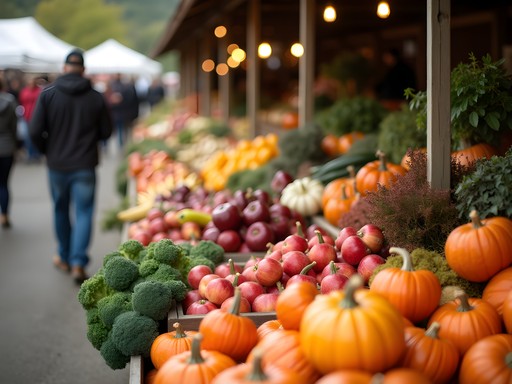 Colorful fall produce display at West Tisbury Farmers Market on Martha's Vineyard