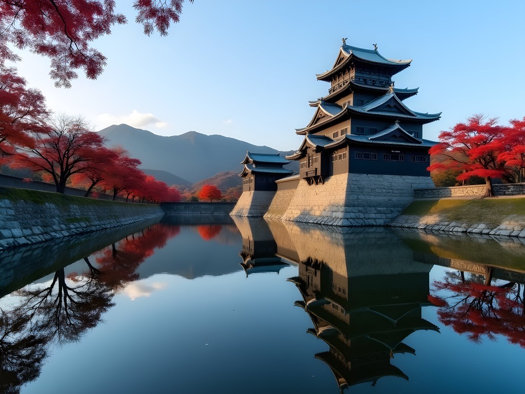 Matsumoto Castle reflecting in the moat during early morning autumn light