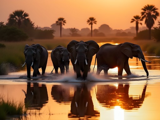 Elephant herd crossing water channel in Okavango Delta at sunset, viewed from safari vehicle