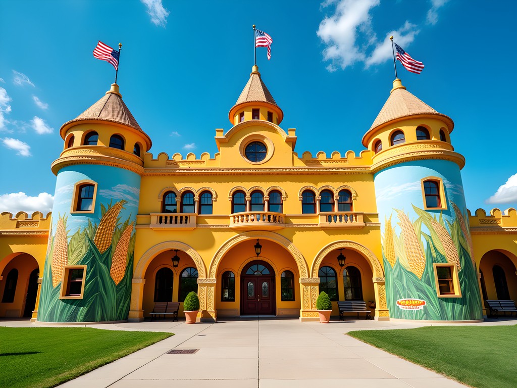 The famous Mitchell Corn Palace decorated with colorful corn murals under blue summer sky