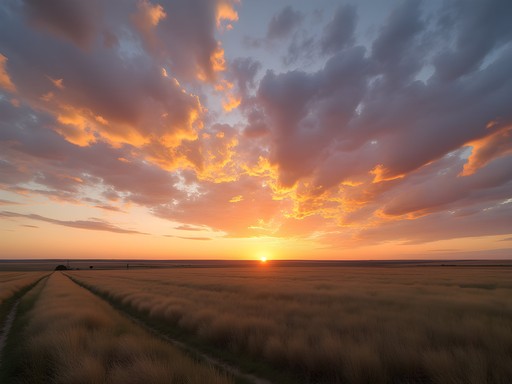 Golden hour sunset over South Dakota prairie landscape near Mitchell