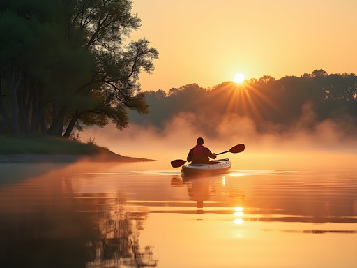 Solo kayaker on calm morning waters of Lake Thunderbird near Moore, Oklahoma