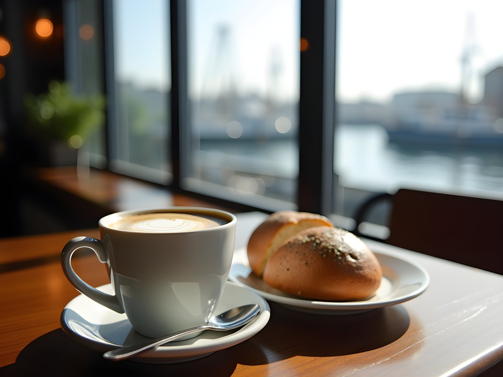 Waterfront restaurant view of New Bedford harbor with fishing boats