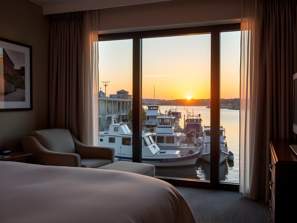 View from New Bedford Harbor Hotel room showing harbor with fishing boats at sunset