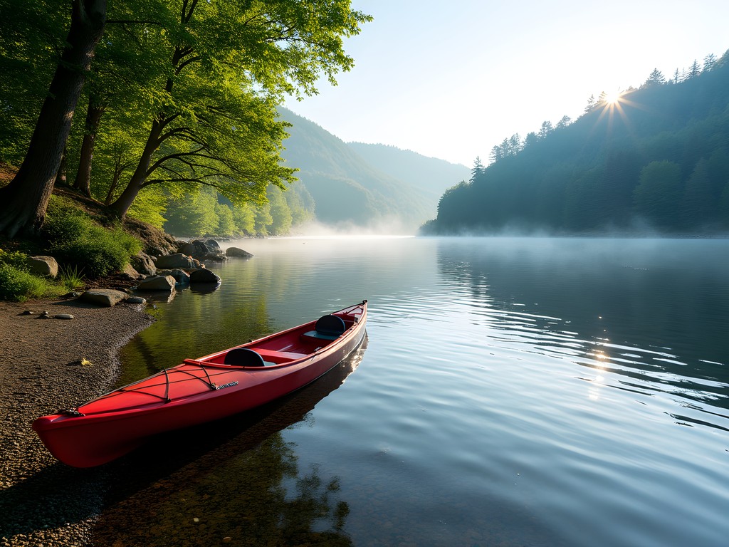 Secluded cove on Lake Memphremagog with kayak and forested shoreline