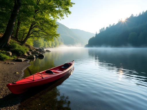 Secluded cove on Lake Memphremagog with kayak and forested shoreline