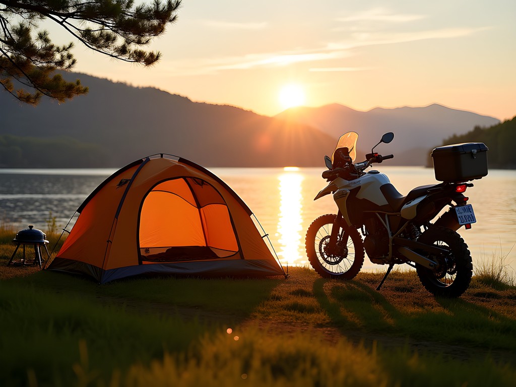 Tent campsite with motorcycle at sunrise on Lake Memphremagog in Newport, Vermont