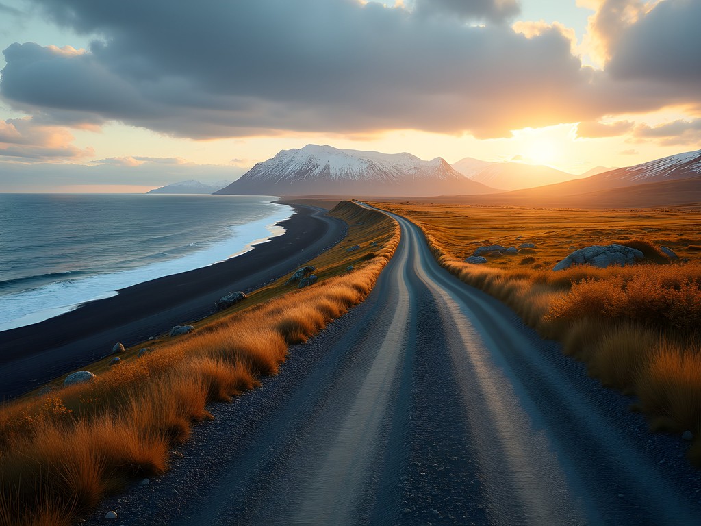 Dramatic coastal scenery along Nome-Council Road with tundra and Bering Sea