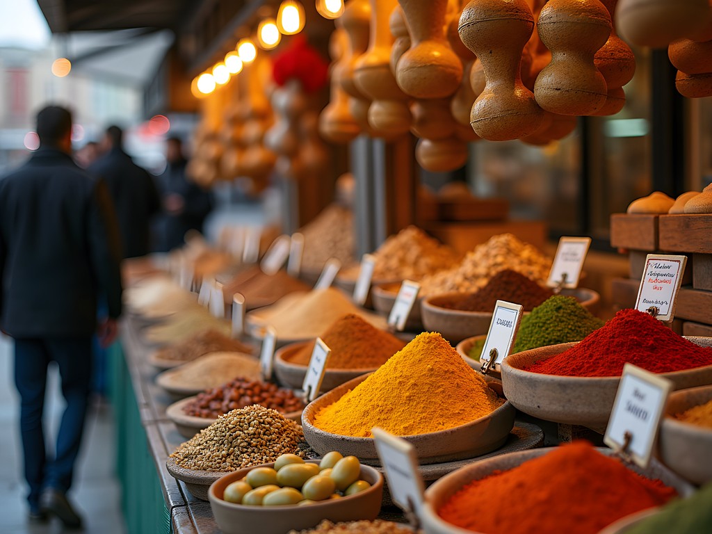 Colorful Middle Eastern market in South Paterson with spices and pastries