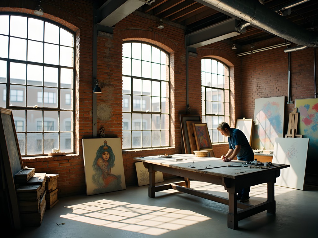 Artist studio workspace inside Hope Artiste Village Pawtucket with exposed brick walls and large windows