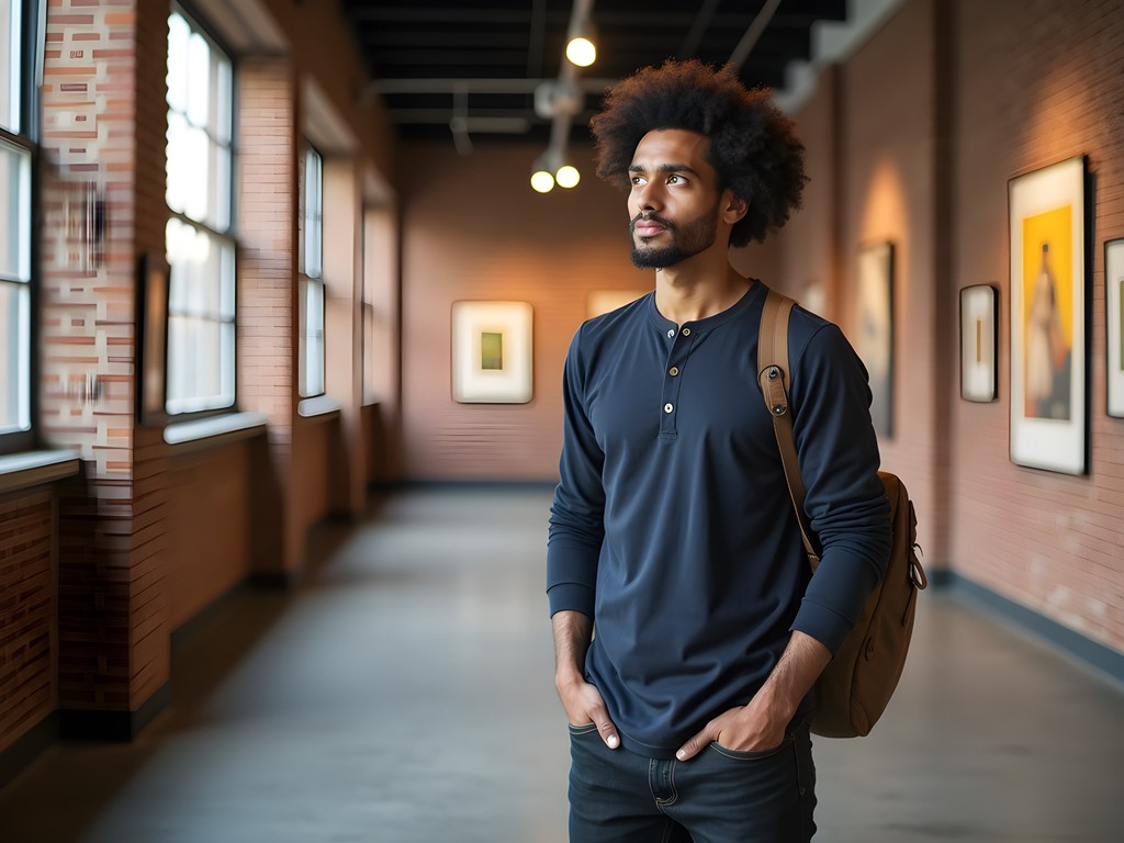 Solo traveler exploring art galleries in Pawtucket Arts District during autumn weekend