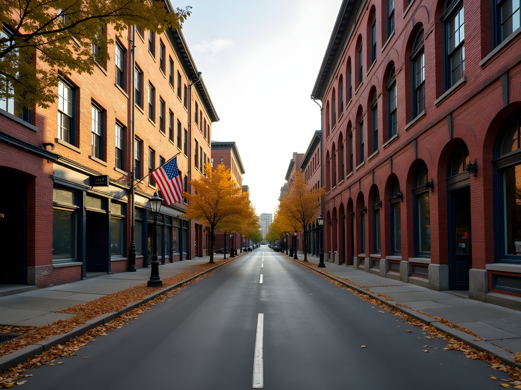 Historic brick mill buildings along Main Street in downtown Pawtucket Rhode Island during autumn