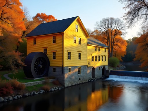 Historic Slater Mill museum building beside Blackstone River in Pawtucket Rhode Island with fall foliage