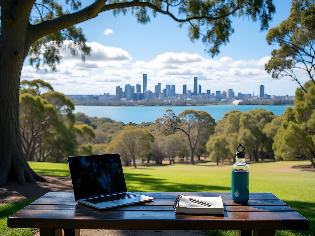 Improvised outdoor workspace at Kings Park overlooking Perth skyline